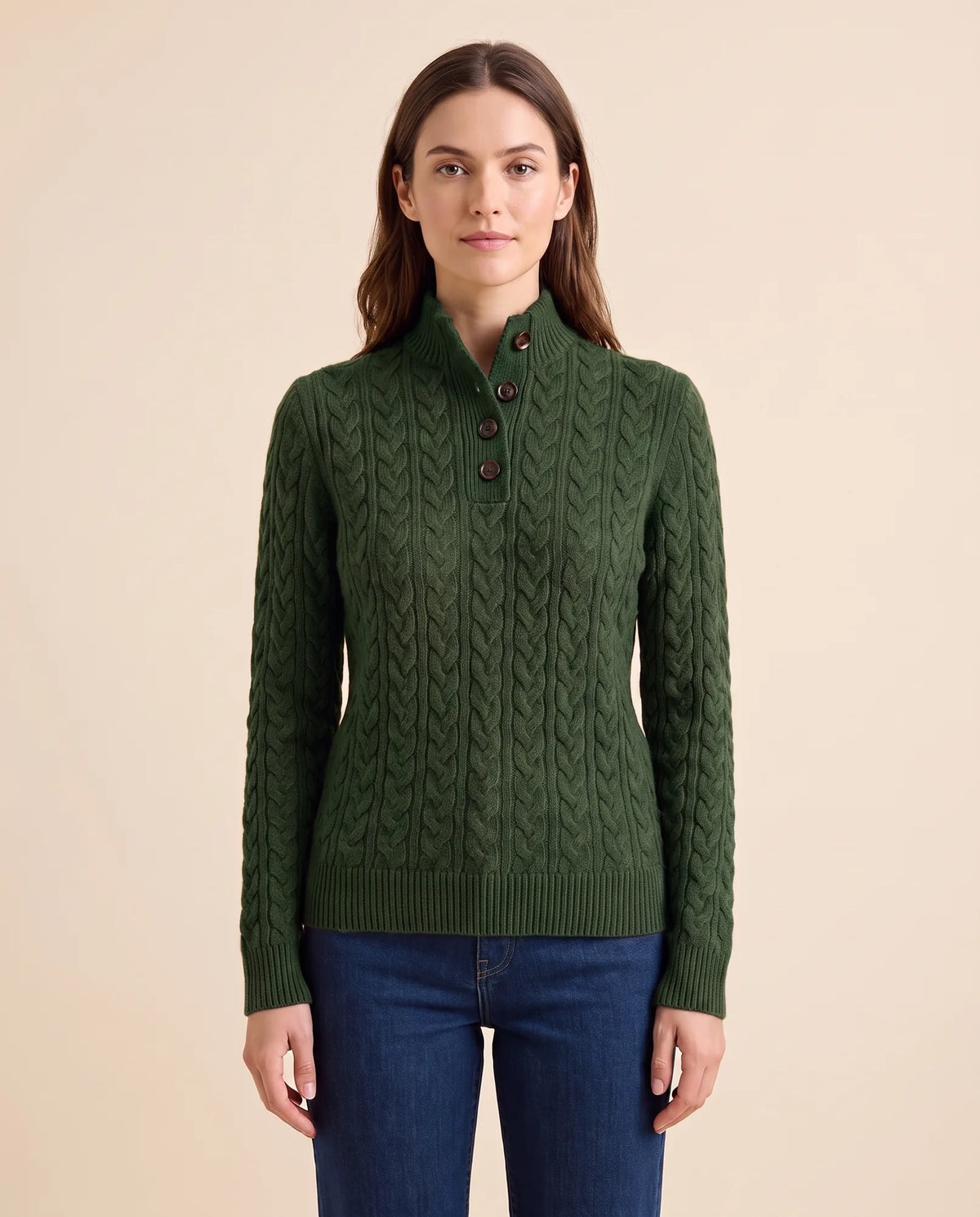 Maeve Sweater for Women - Cable Knit Button Neck Stand Collar - Green - front