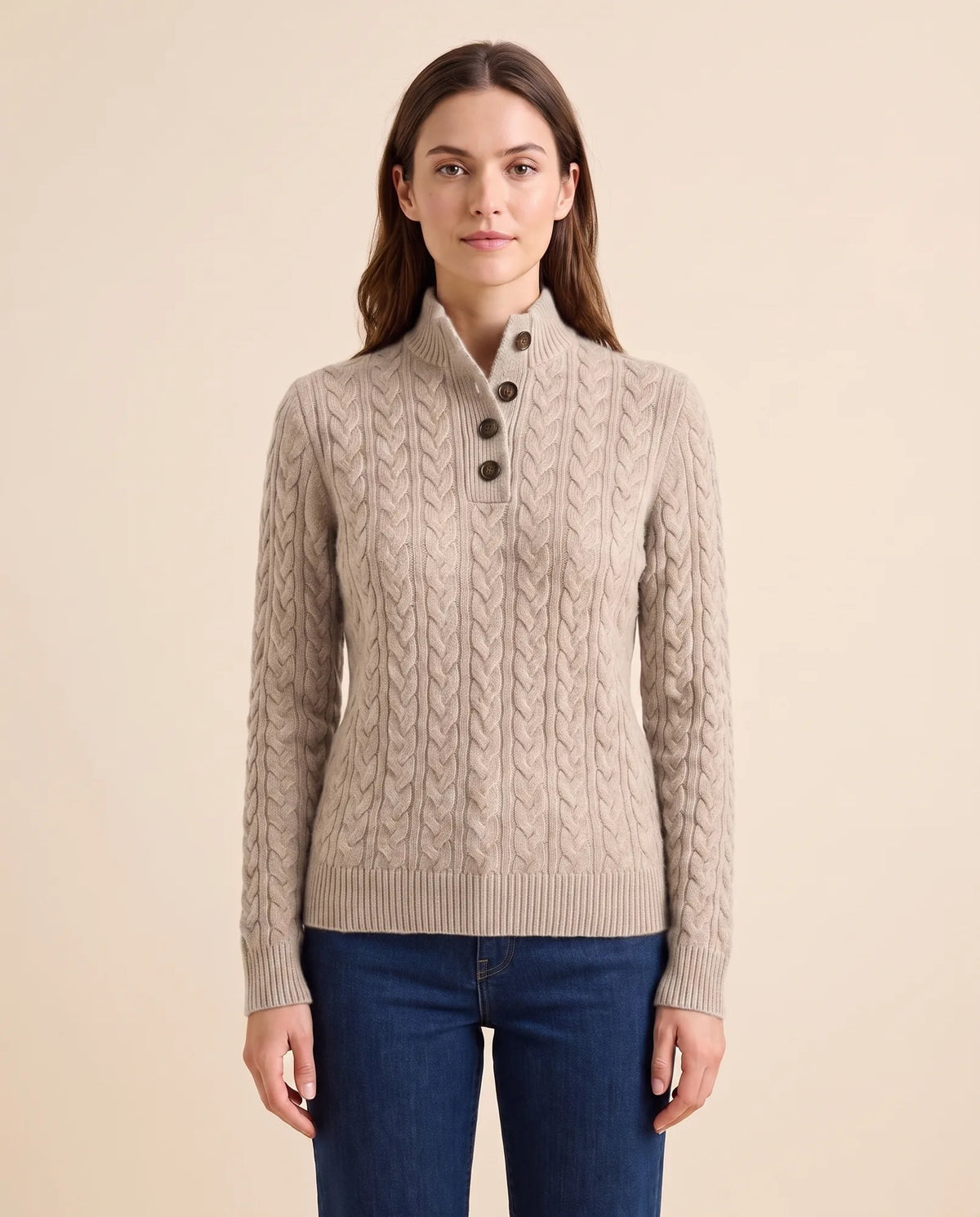 Maeve Sweater for Women - Cable Knit Button Neck Stand Collar - Grey - front