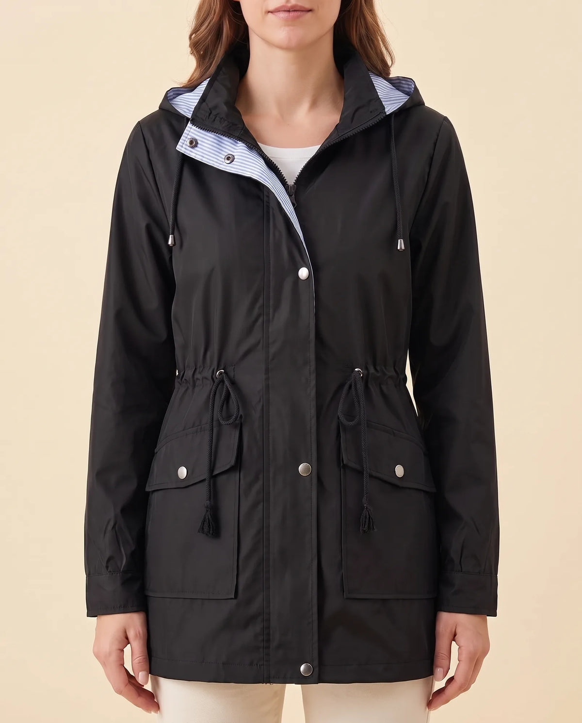 Mira Trench Coat for Women - Hooded Water-Repellent Longline - Black - front