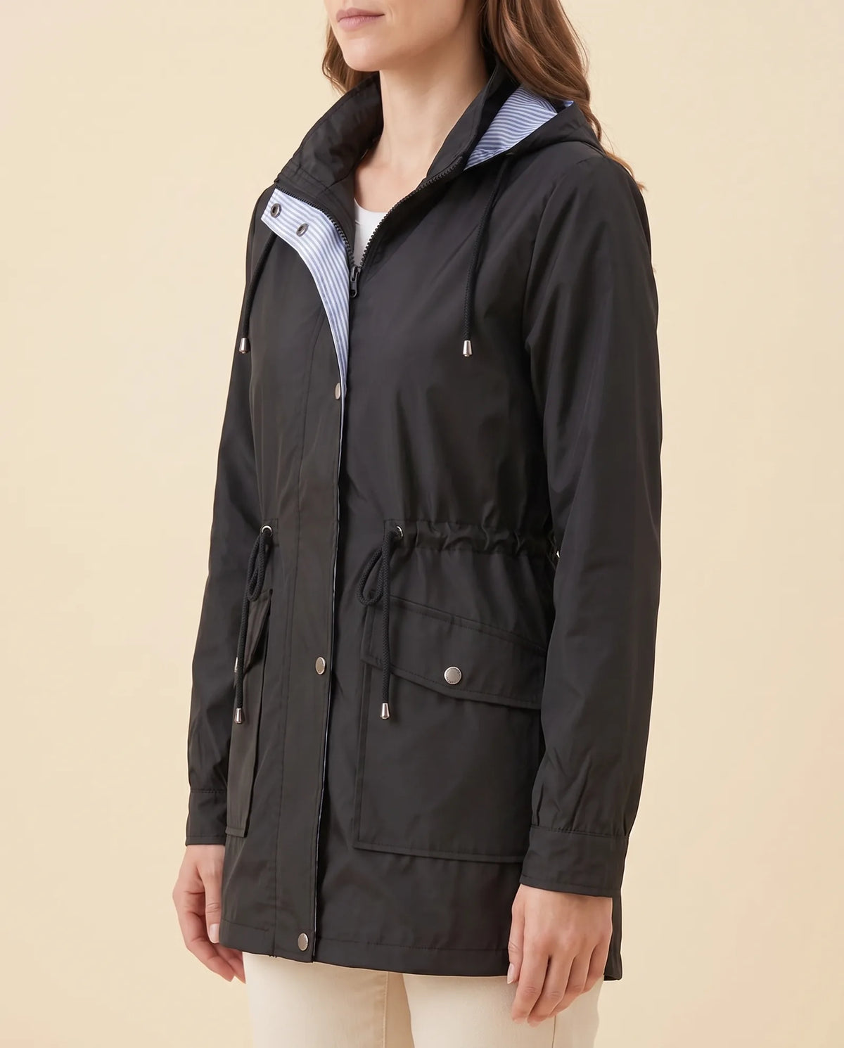 Mira Trench Coat for Women - Hooded Water-Repellent Longline - Black - side