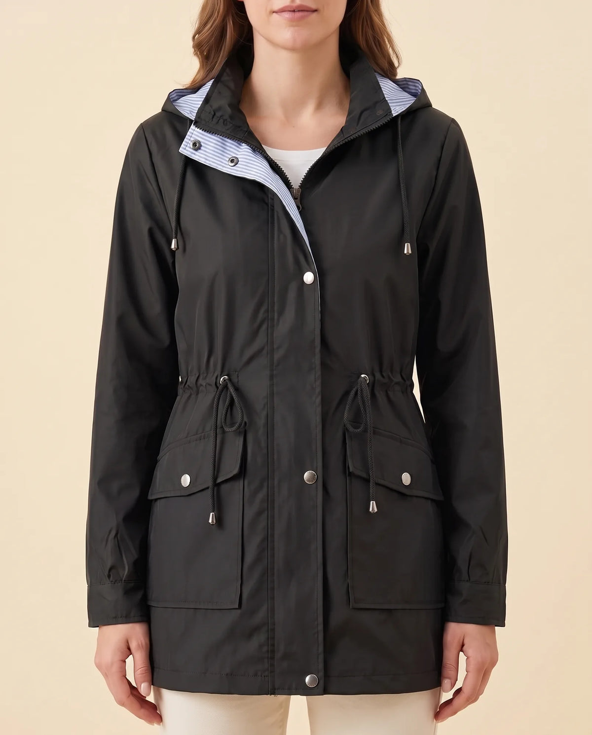 Mira Trench Coat for Women - Hooded Water-Repellent Longline - Black - detail