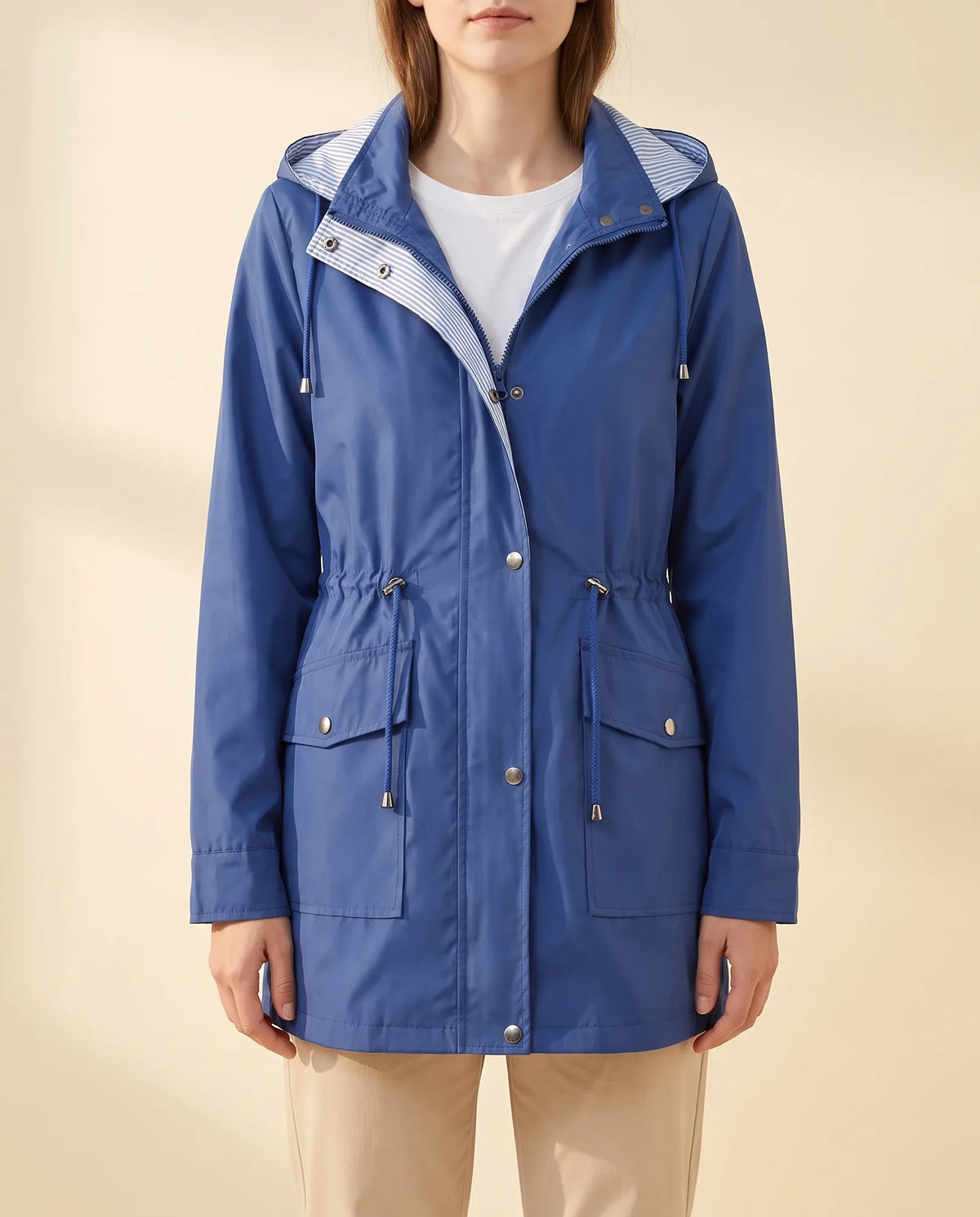 Mira Trench Coat for Women - Hooded Water-Repellent Longline - Blue - front
