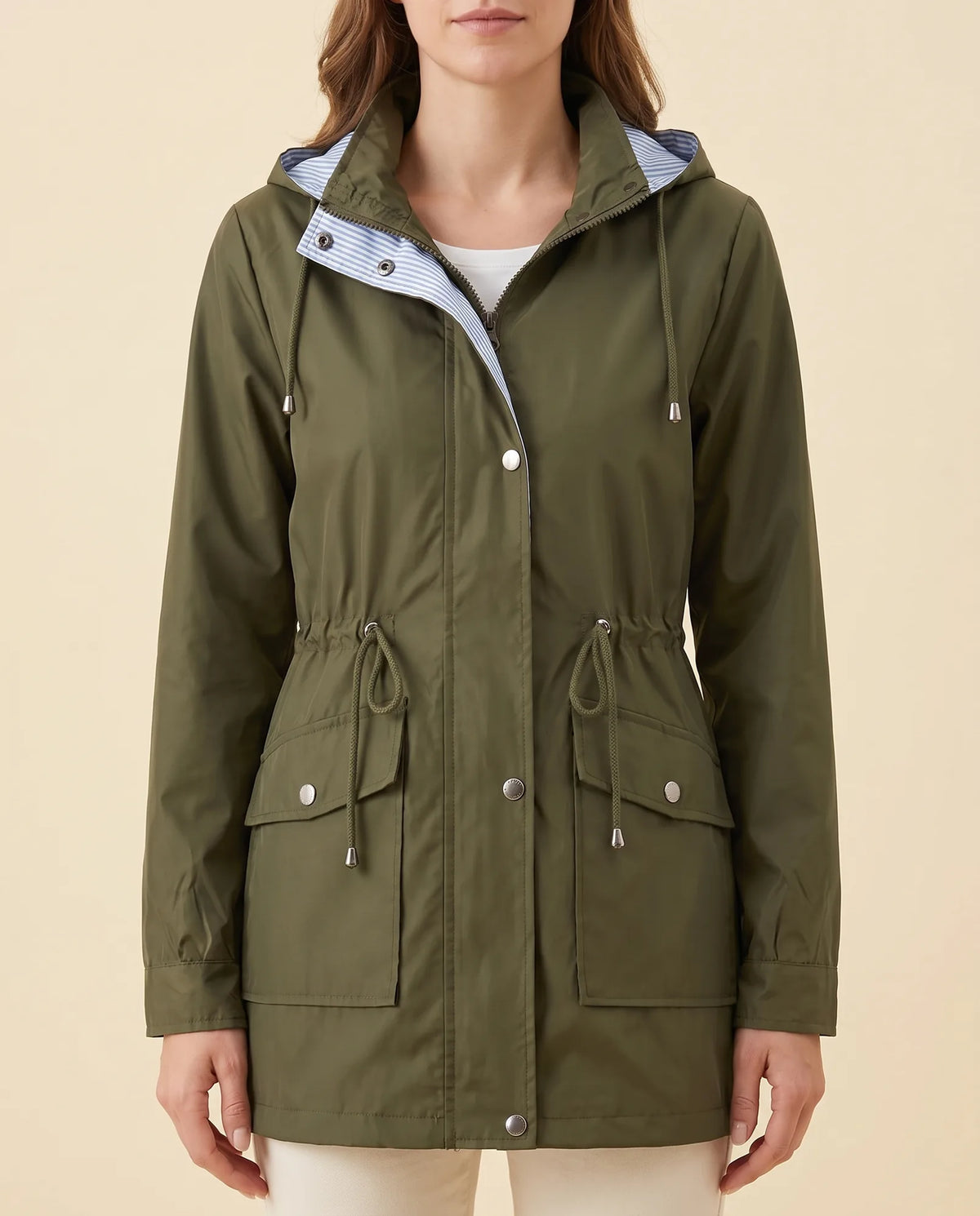 Mira Trench Coat for Women - Hooded Water-Repellent Longline - Green - front