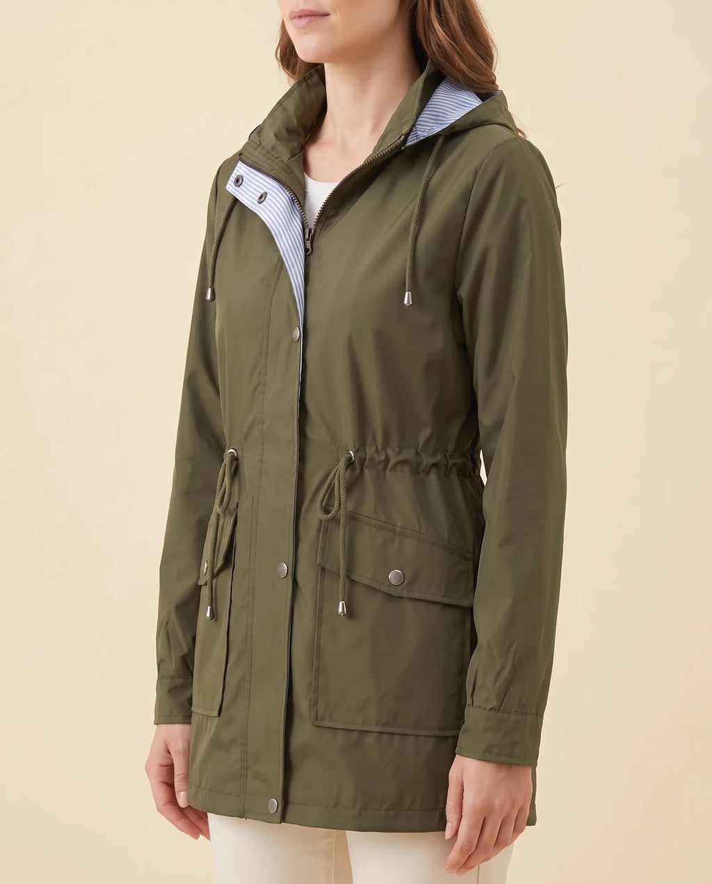 Mira Trench Coat for Women - Hooded Water-Repellent Longline - Green - side