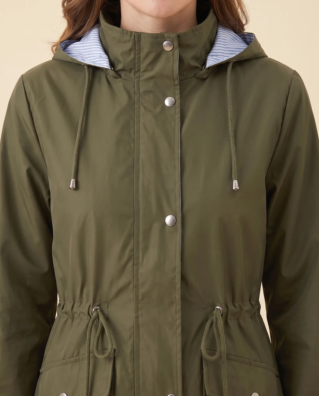 Mira Trench Coat for Women - Hooded Water-Repellent Longline - Green - detail