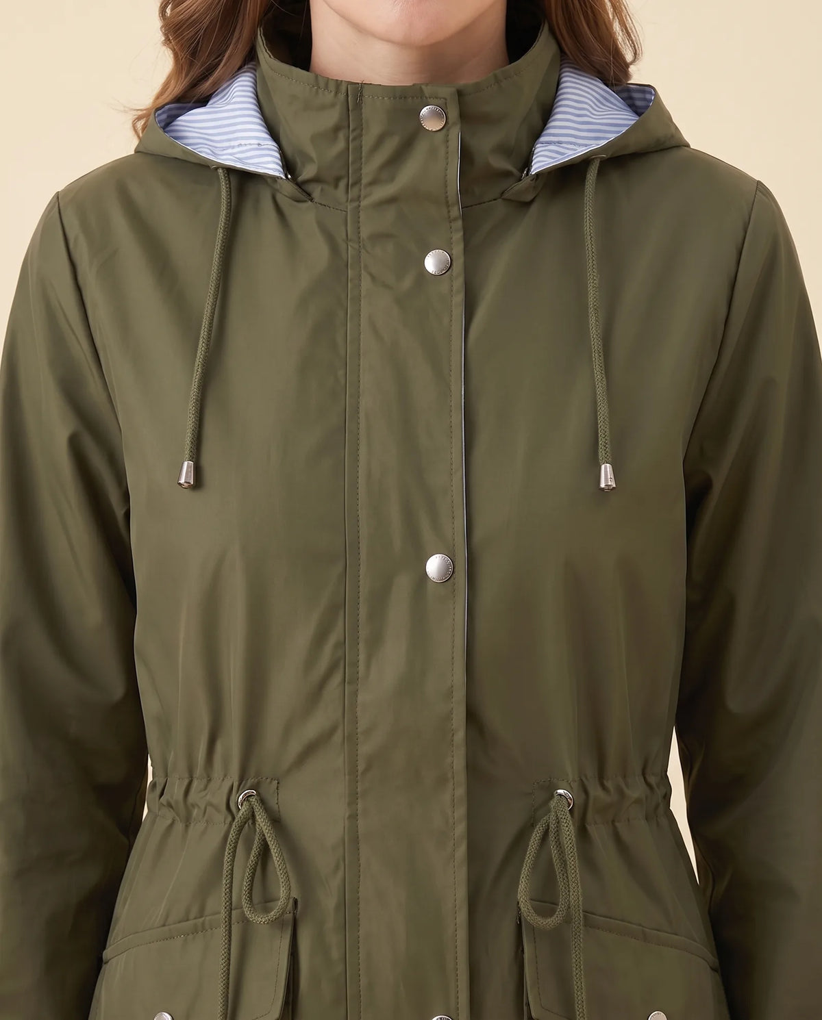 Mira Trench Coat for Women - Hooded Water-Repellent Longline - Green - detail