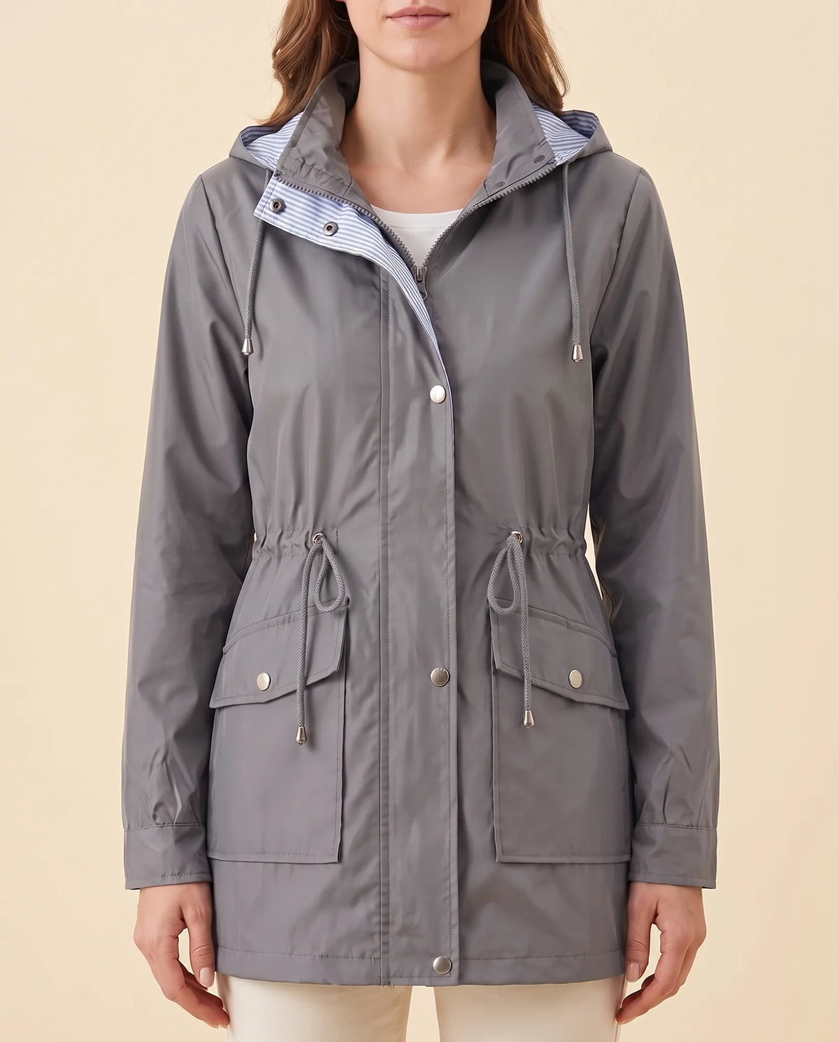 Mira Trench Coat for Women - Hooded Water-Repellent Longline - Grey - front