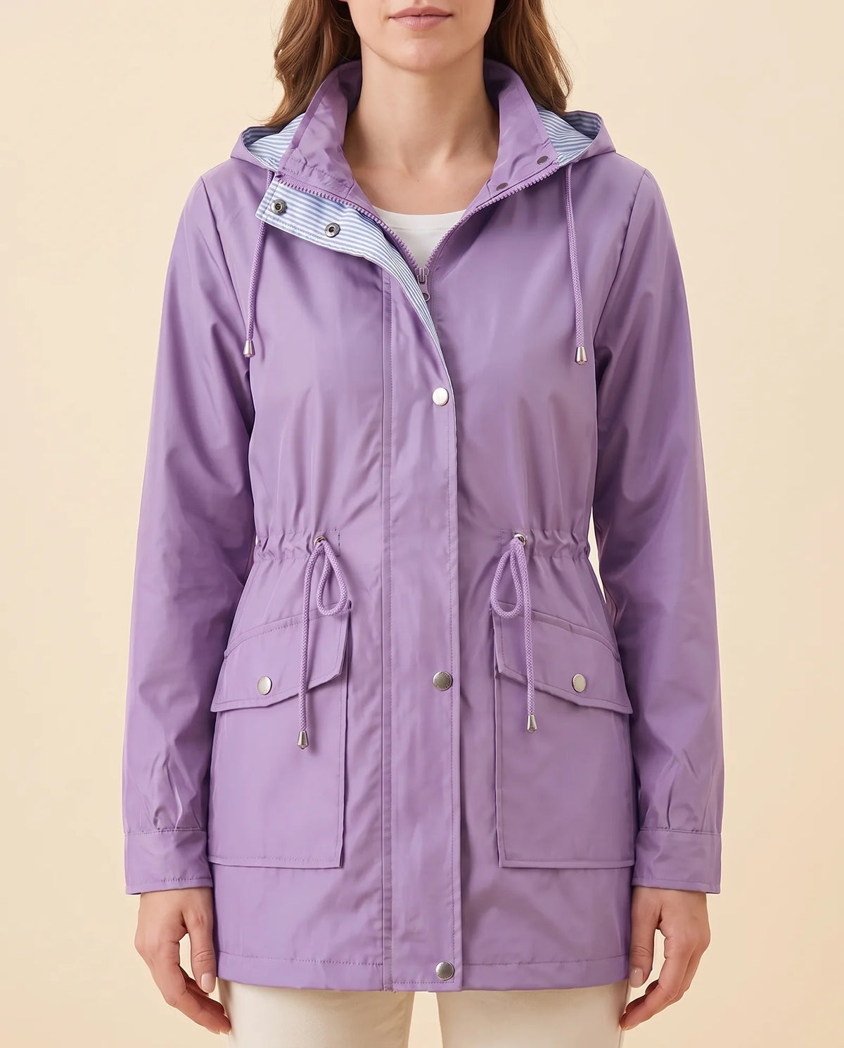 Mira Trench Coat for Women - Hooded Water-Repellent Longline - Purple - front