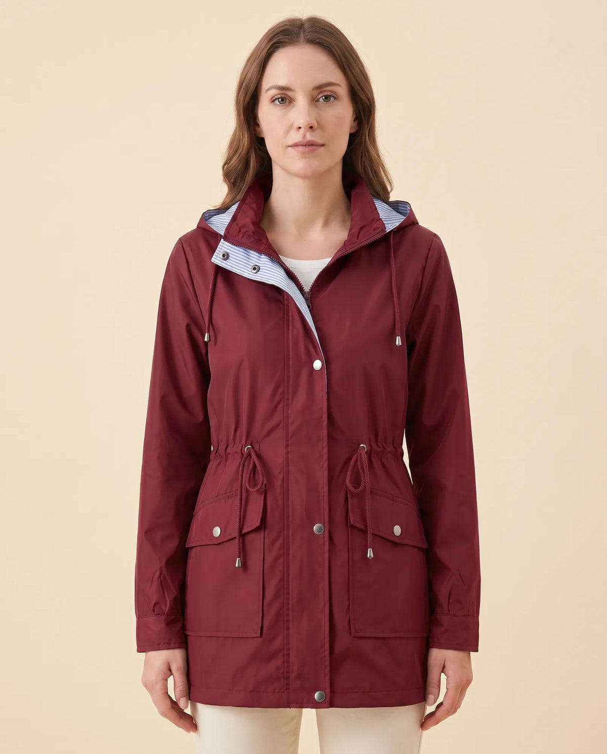 Mira Trench Coat for Women - Hooded Water-Repellent Longline - Wine - front