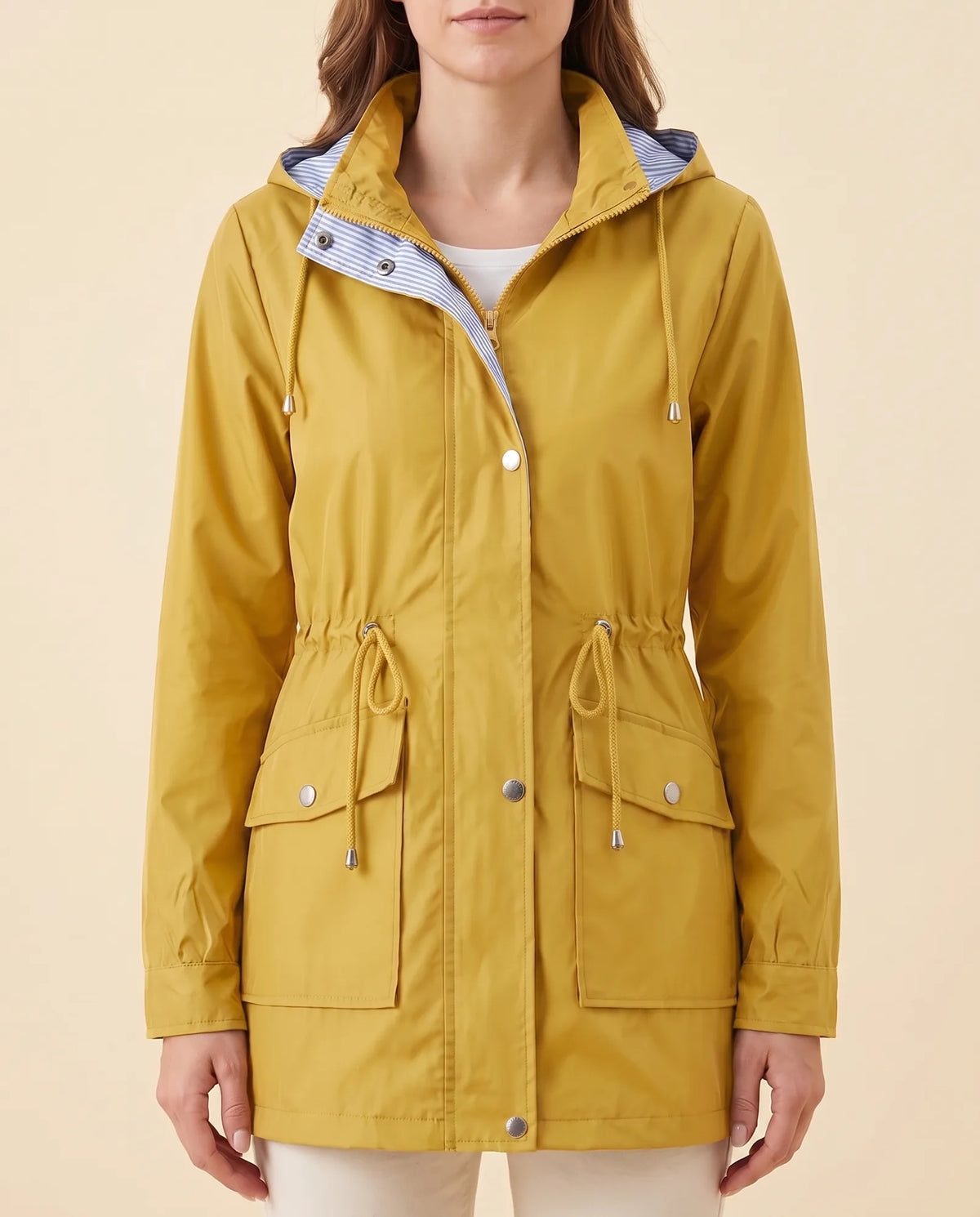 Mira Trench Coat for Women - Hooded Water-Repellent Longline - Yellow - front