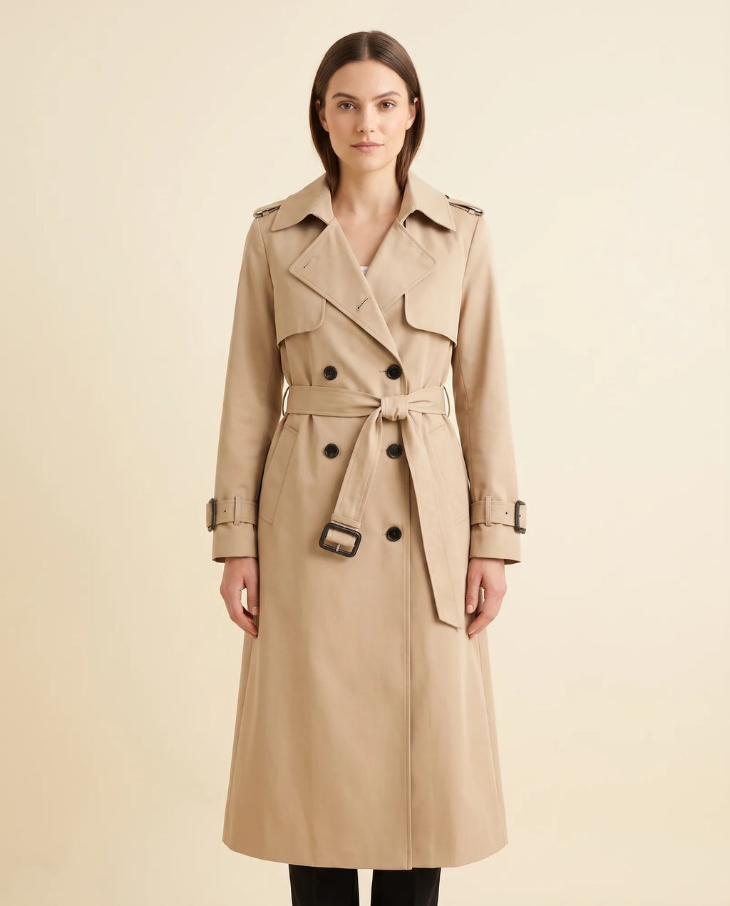 Nell Trench Coat for Women - Double-Breasted Belted Longline - Beige - front