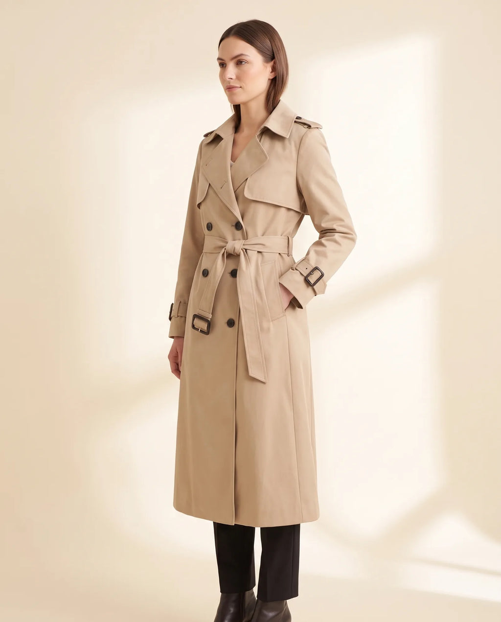 Nell Trench Coat for Women - Double-Breasted Belted Longline - Beige - side