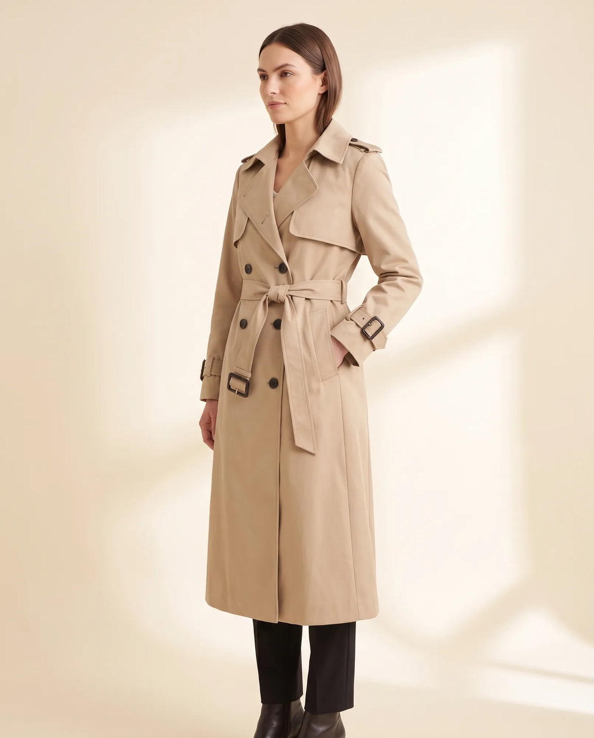 Nell Trench Coat for Women - Double-Breasted Belted Longline - Beige - side