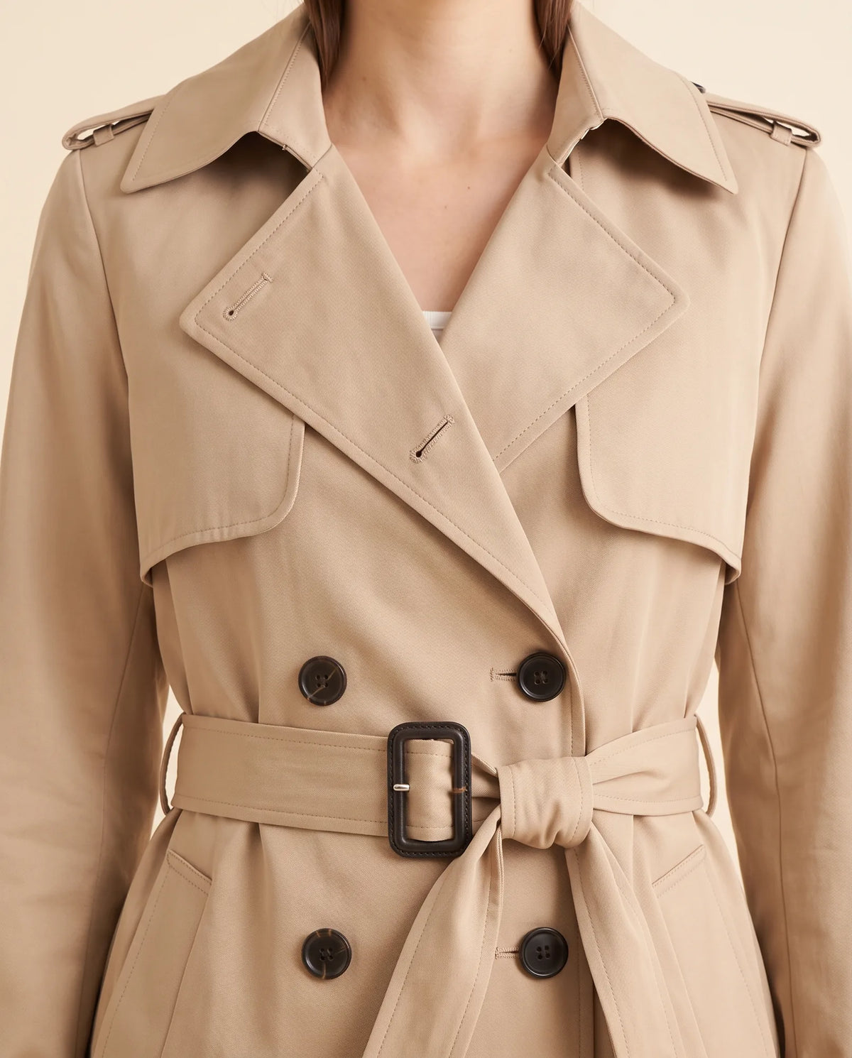 Nell Trench Coat for Women - Double-Breasted Belted Longline - Beige - detail
