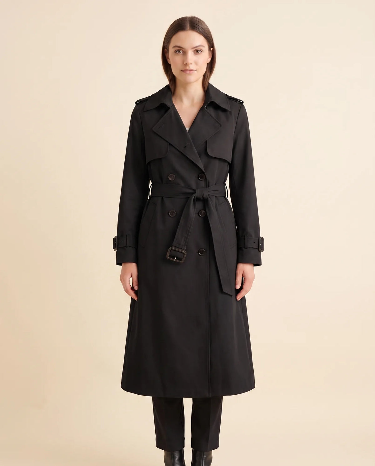 Nell Trench Coat for Women - Double-Breasted Belted Longline - Black - front