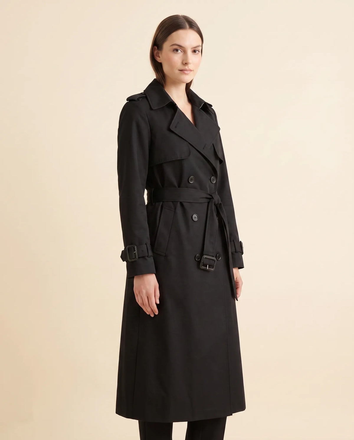 Nell Trench Coat for Women - Double-Breasted Belted Longline - Black - side