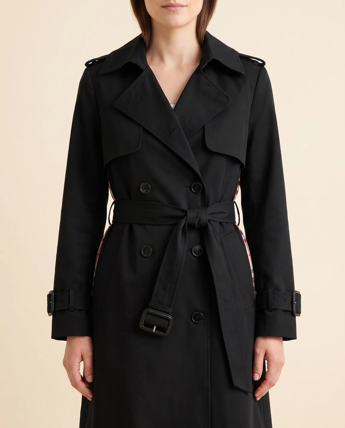 Nell Trench Coat for Women - Double-Breasted Belted Longline - Black - detail