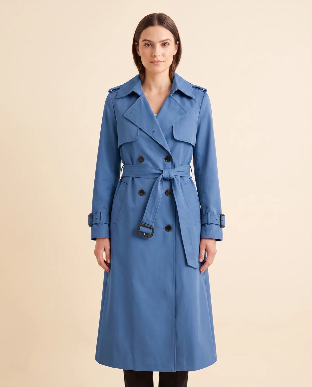 Nell Trench Coat for Women - Double-Breasted Belted Longline - Blue - front