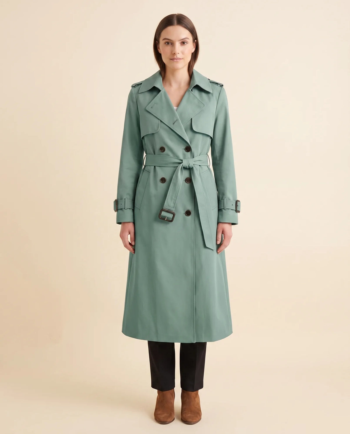 Nell Trench Coat for Women - Double-Breasted Belted Longline - Green - front