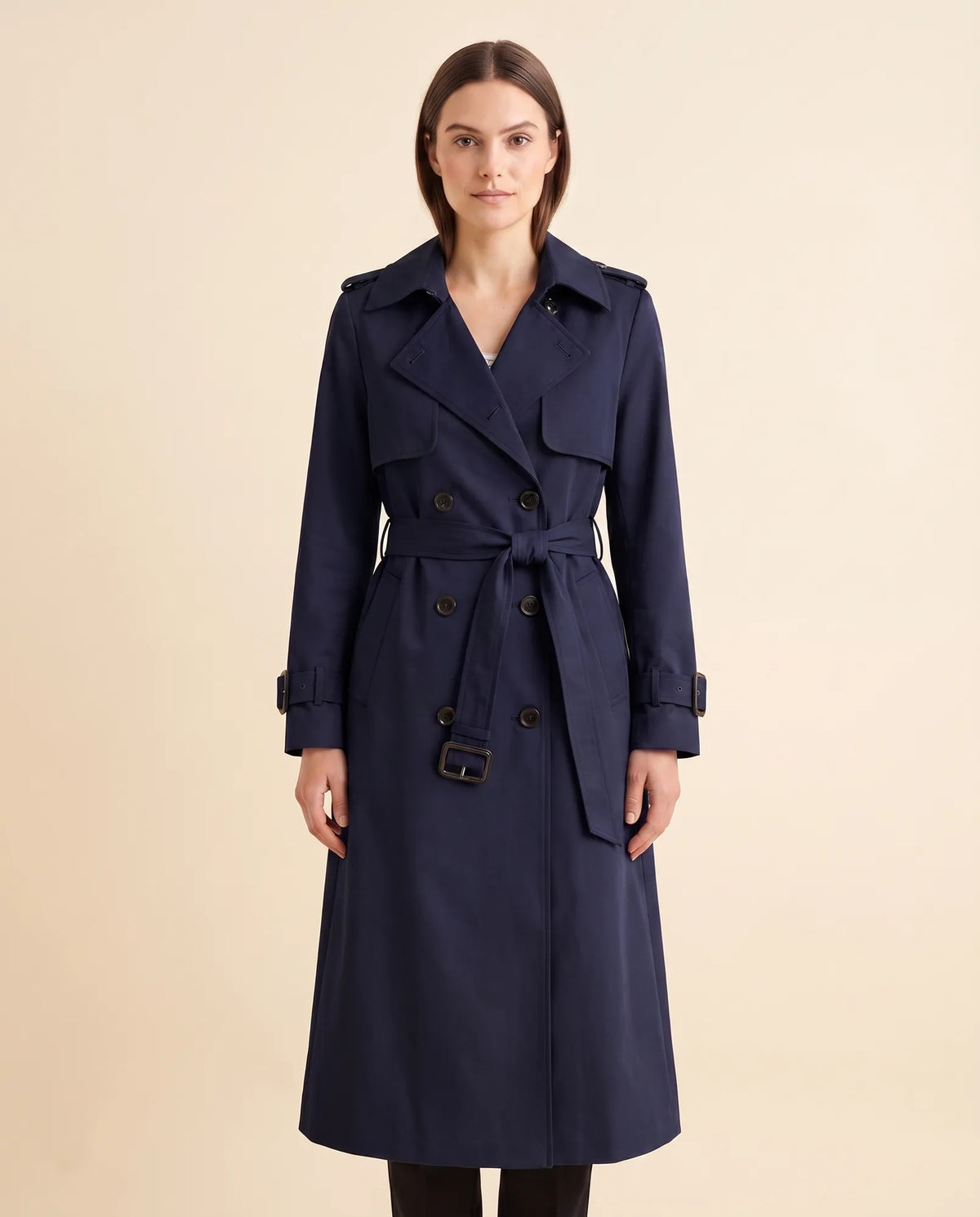 Nell Trench Coat for Women - Double-Breasted Belted Longline - Navy - front