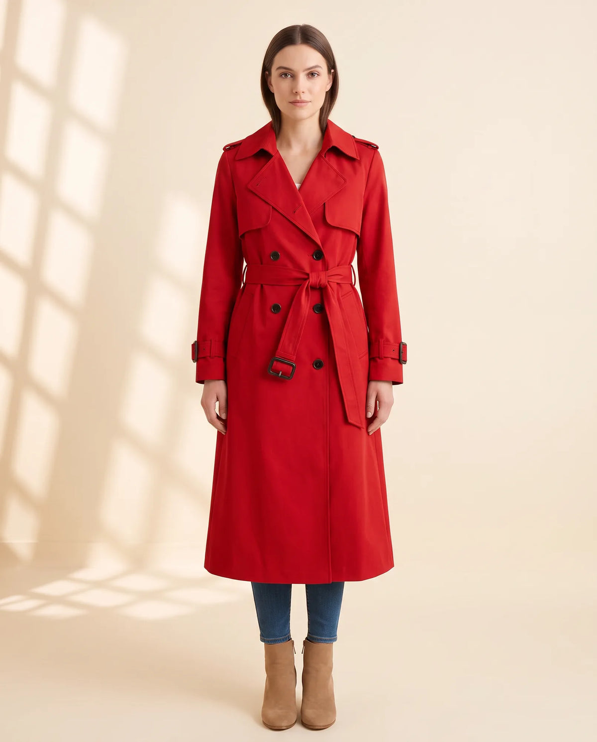 Nell Trench Coat for Women - Double-Breasted Belted Longline - Red - front
