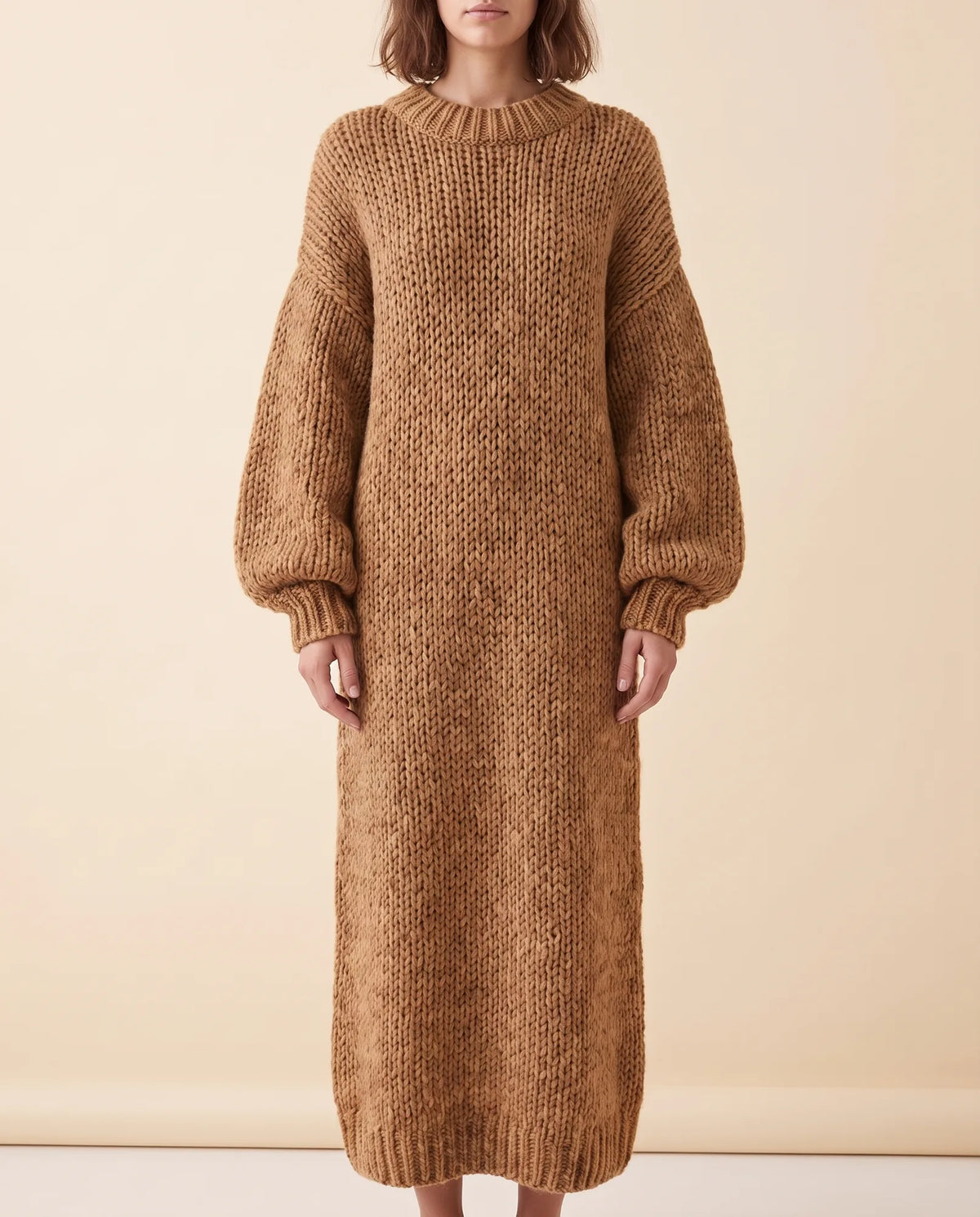 Noelle Maxi Sweater Dress for Women - Chunky Knit Oversized Balloon Sleeve - Brown - front