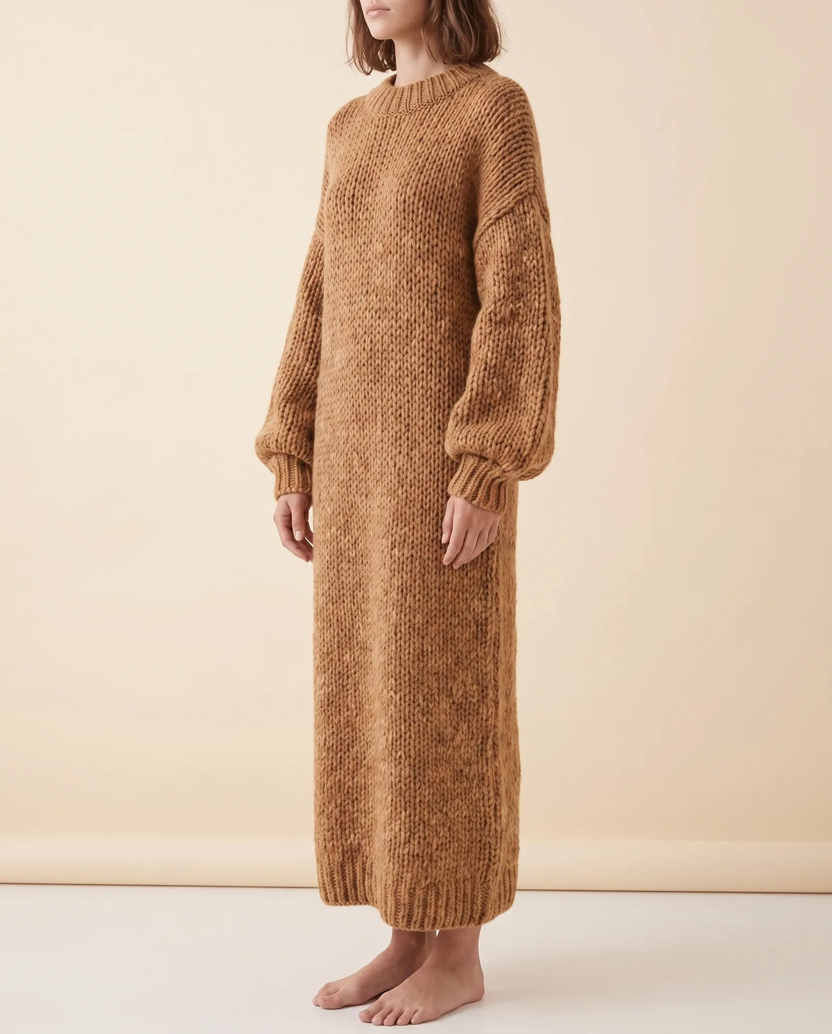 Noelle Maxi Sweater Dress for Women - Chunky Knit Oversized Balloon Sleeve - Brown - side