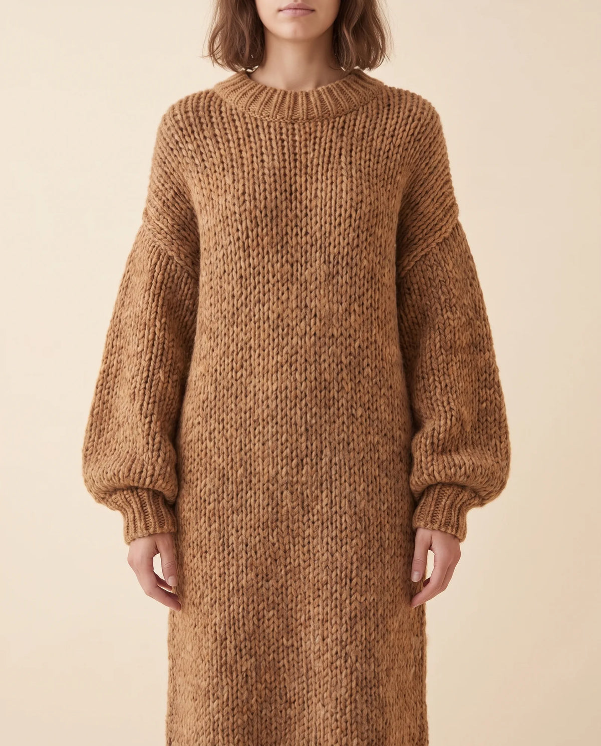 Noelle Maxi Sweater Dress for Women - Chunky Knit Oversized Balloon Sleeve - Brown - detail