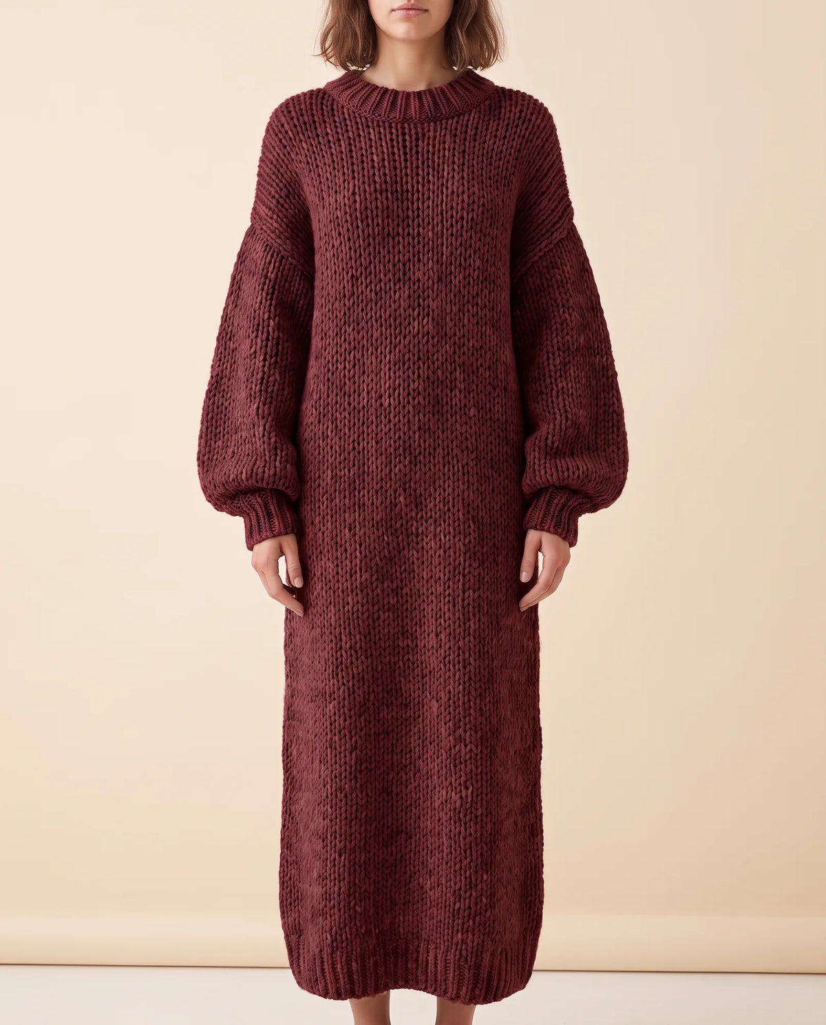 Noelle Maxi Sweater Dress for Women - Chunky Knit Oversized Balloon Sleeve - Burgundy - front