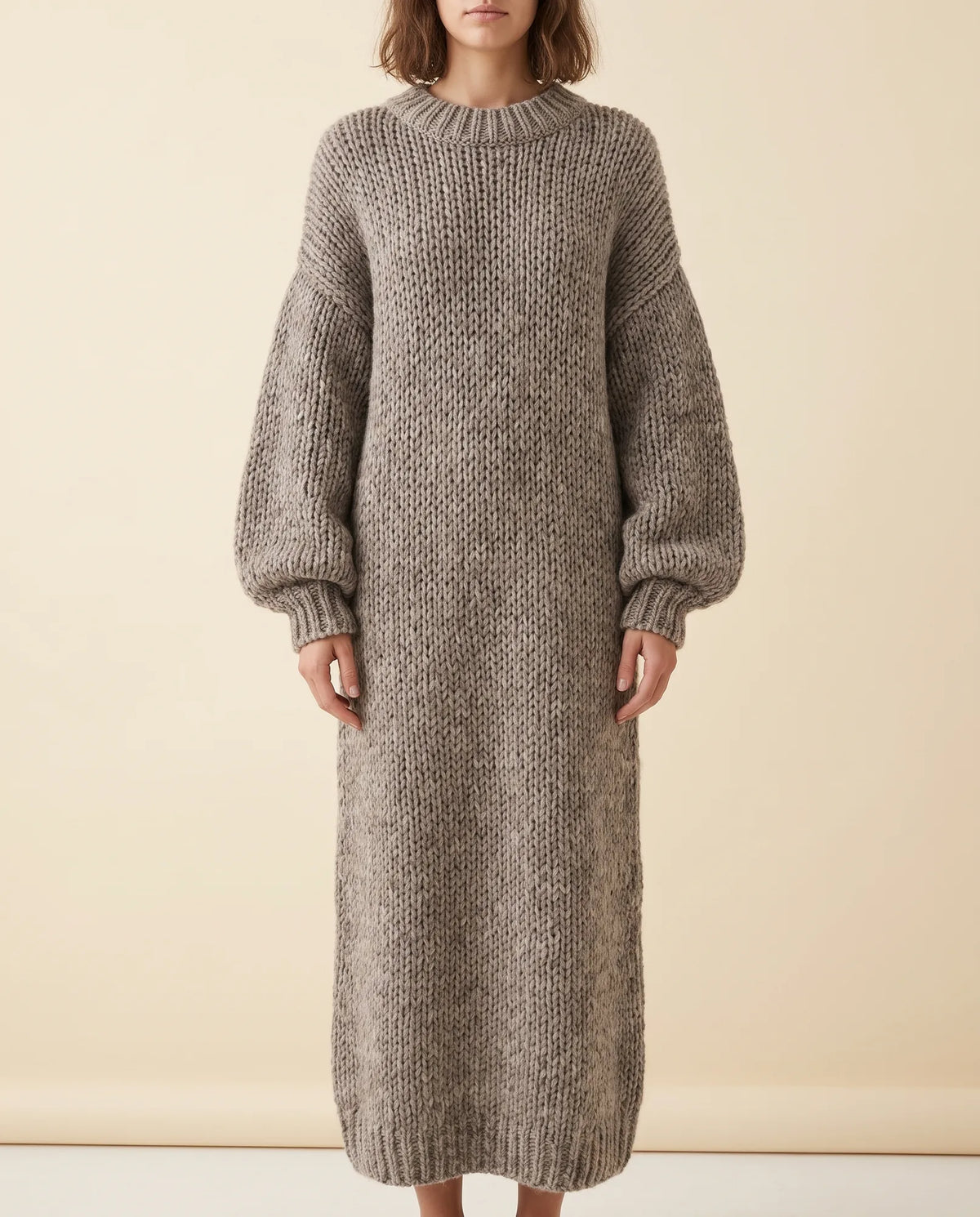 Noelle Maxi Sweater Dress for Women - Chunky Knit Oversized Balloon Sleeve - Grey - front