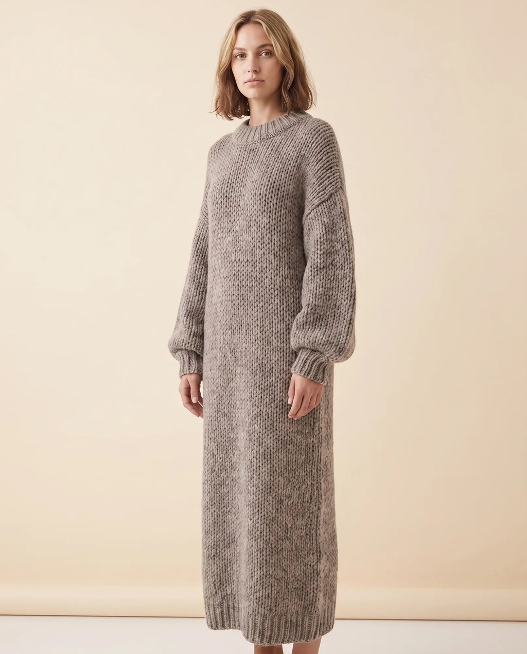 Noelle Maxi Sweater Dress for Women - Chunky Knit Oversized Balloon Sleeve - Grey - side