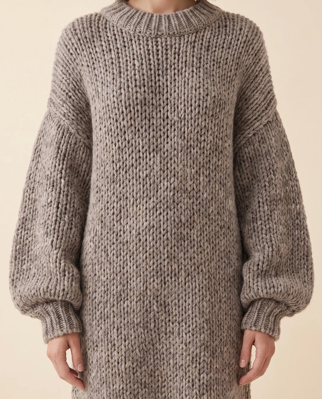 Noelle Maxi Sweater Dress for Women - Chunky Knit Oversized Balloon Sleeve - Grey - detail