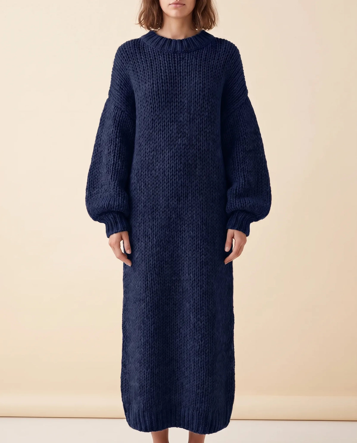 Noelle Maxi Sweater Dress for Women - Chunky Knit Oversized Balloon Sleeve - Navy - front