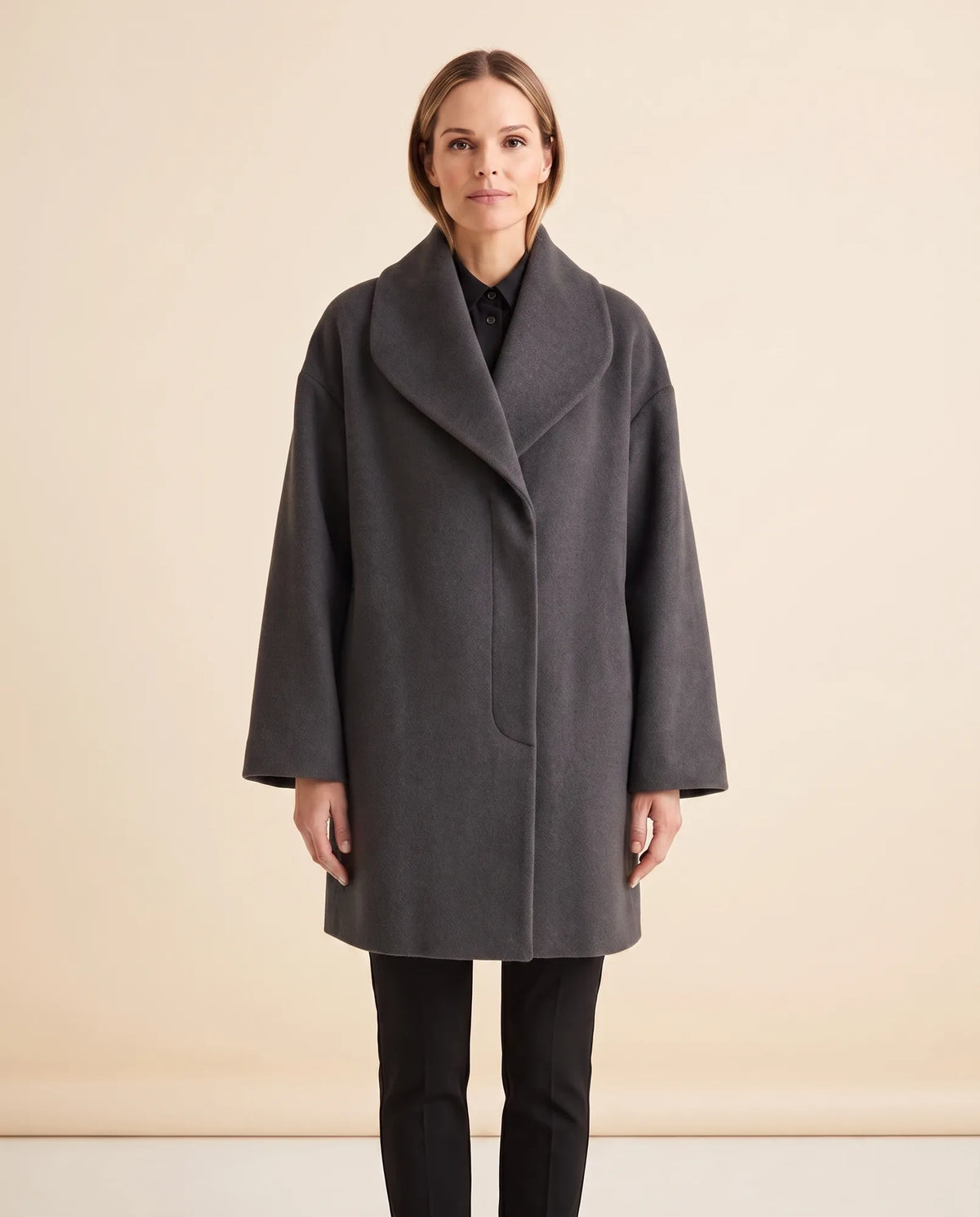 Opal Wrap Coat for Women - Shawl Collar Swing Fit - Black - front