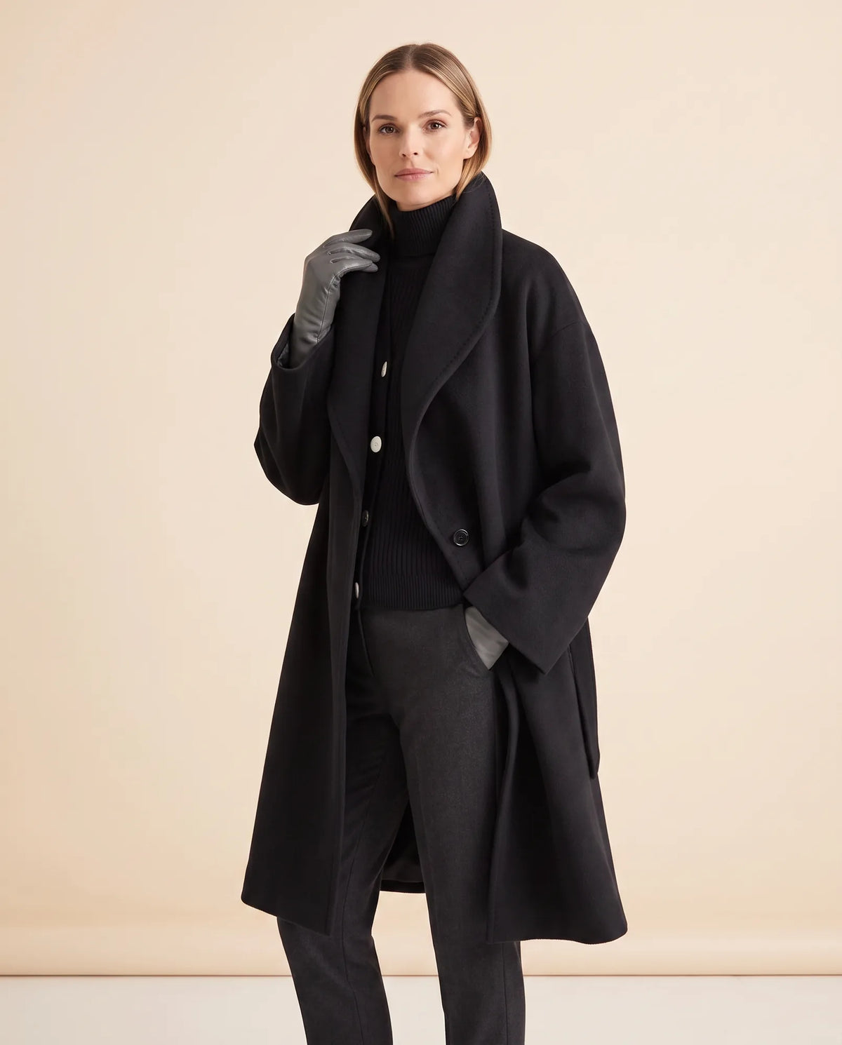 Opal Wrap Coat for Women - Shawl Collar Swing Fit - Black - side