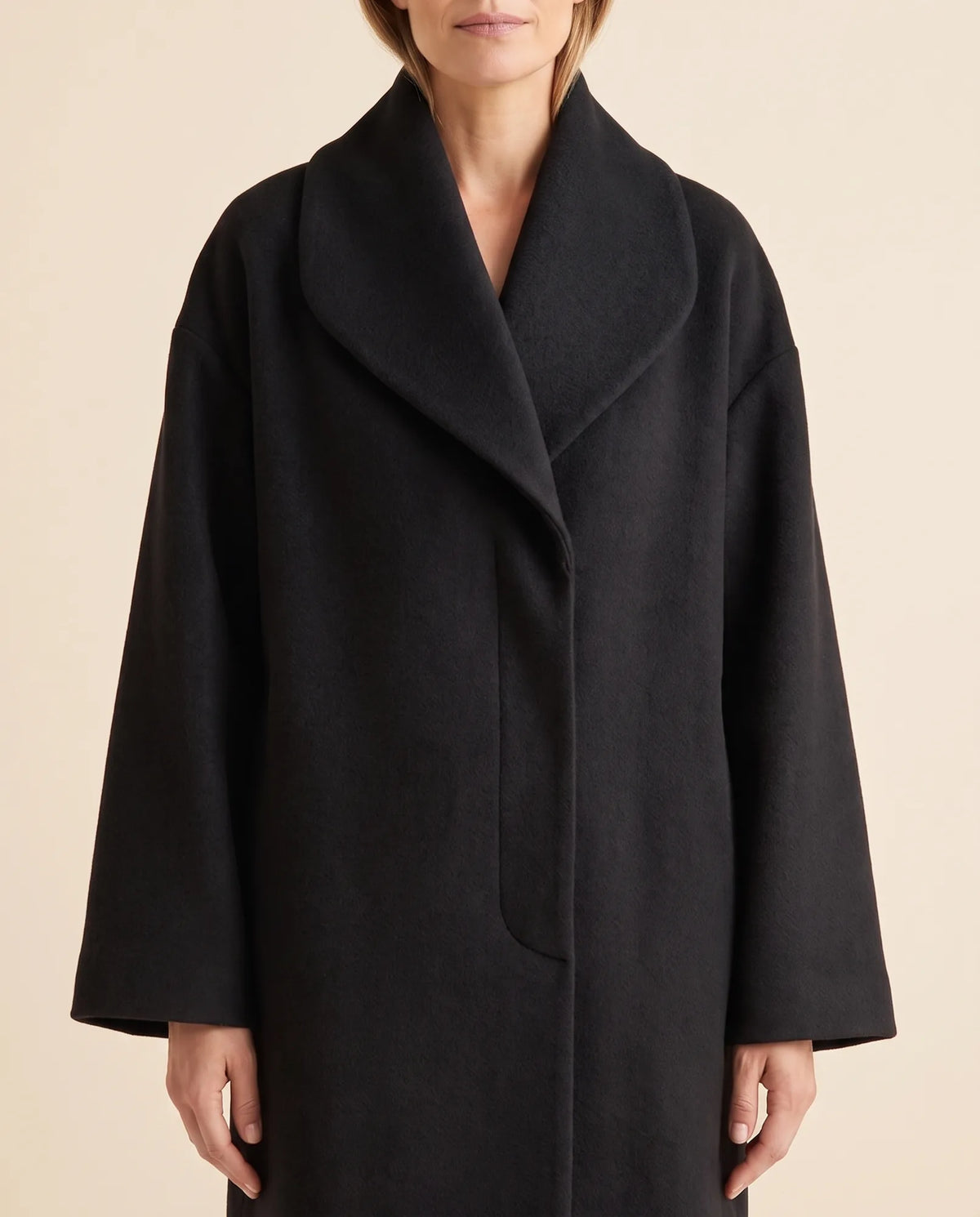 Opal Wrap Coat for Women - Shawl Collar Swing Fit - Black - detail