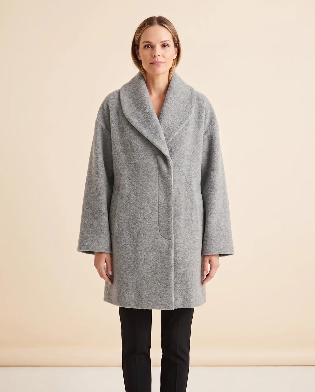Opal Wrap Coat for Women - Shawl Collar Swing Fit - Grey - front