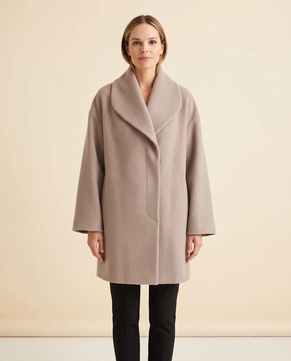 Opal Wrap Coat for Women - Shawl Collar Swing Fit - Khaki - front