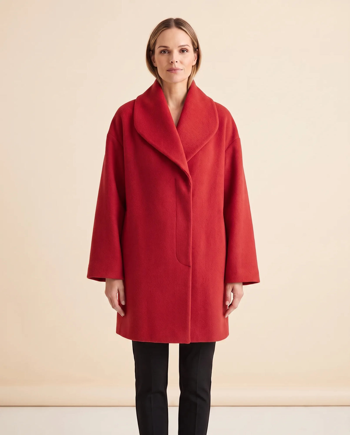 Opal Wrap Coat for Women - Shawl Collar Swing Fit - Red - front