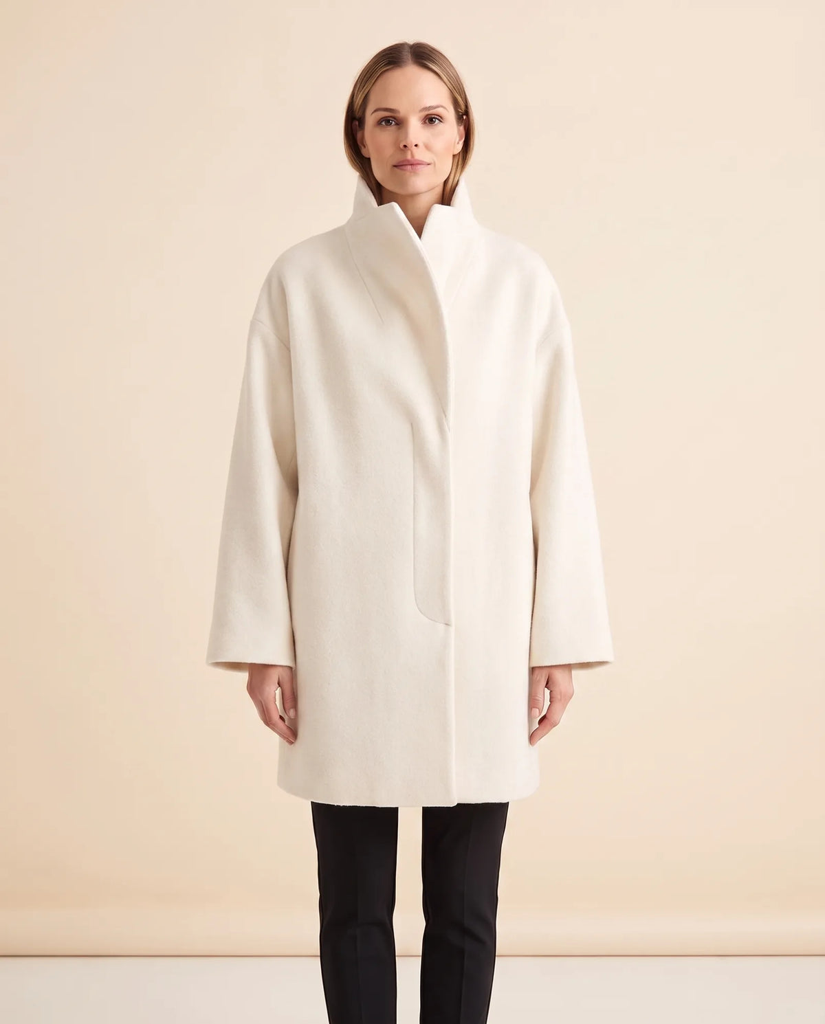 Opal Wrap Coat for Women - Shawl Collar Swing Fit - White - front