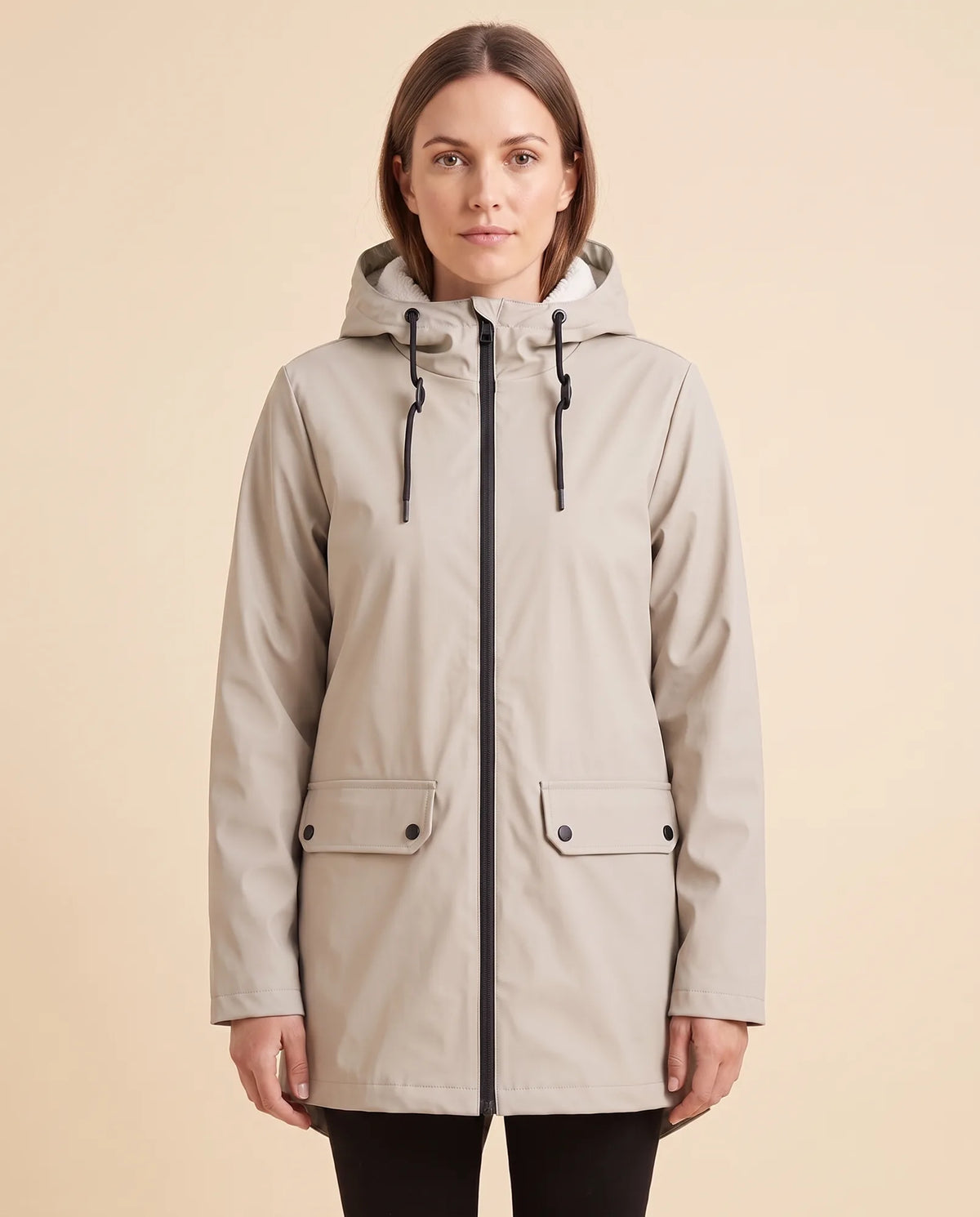 Pearl Hooded Coat for Women - Zip-Up Lined Winter Warm - Beige - front