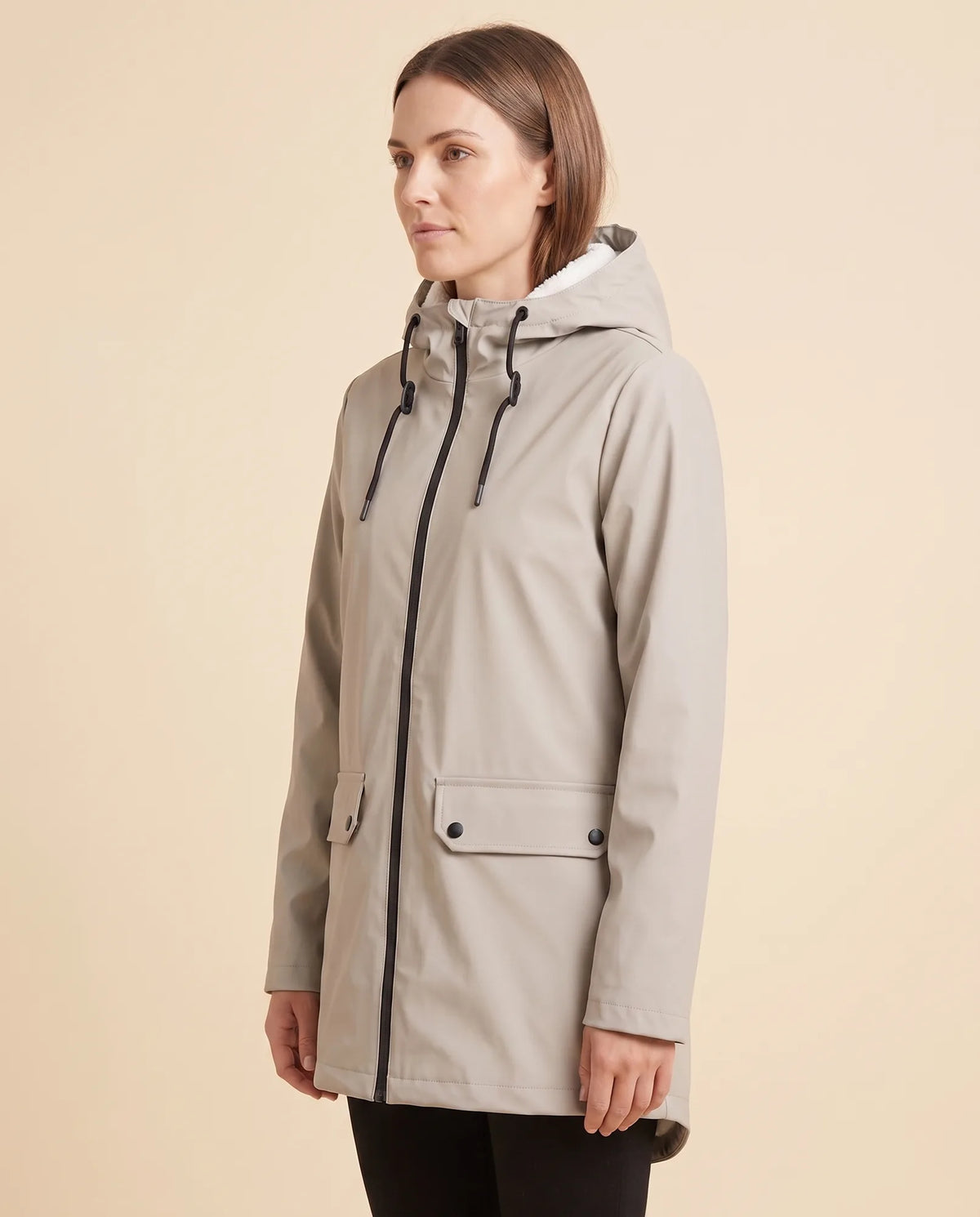 Pearl Hooded Coat for Women - Zip-Up Lined Winter Warm - Beige - side