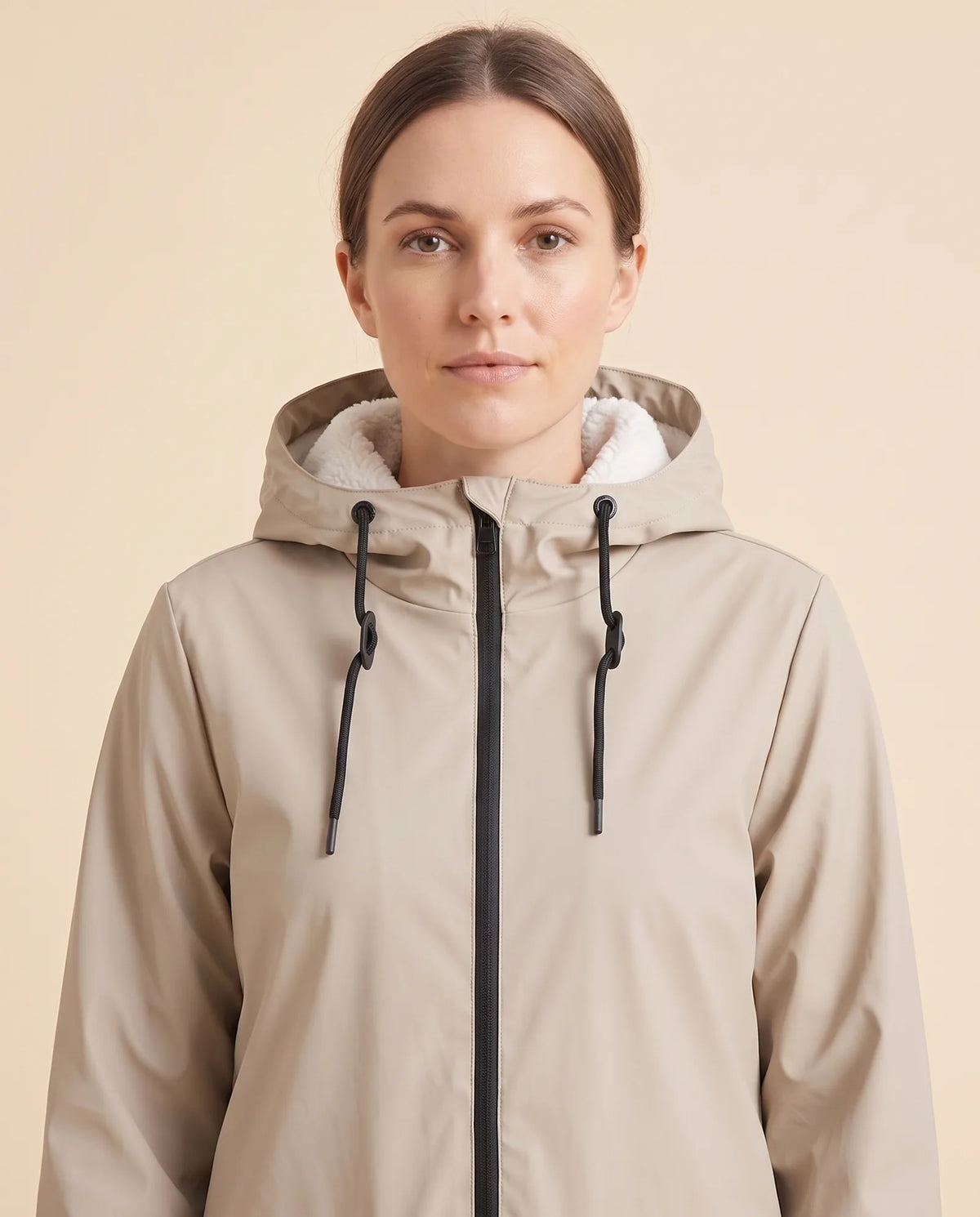 Pearl Hooded Coat for Women - Zip-Up Lined Winter Warm - Beige - detail