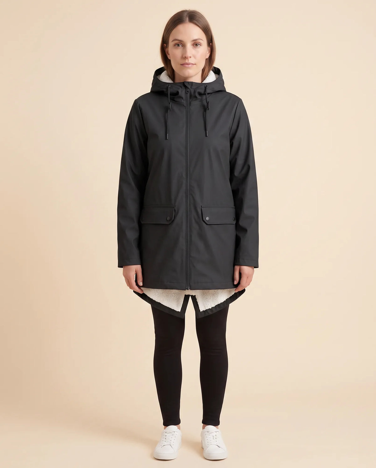 Pearl Hooded Coat for Women - Zip-Up Lined Winter Warm - Black - front