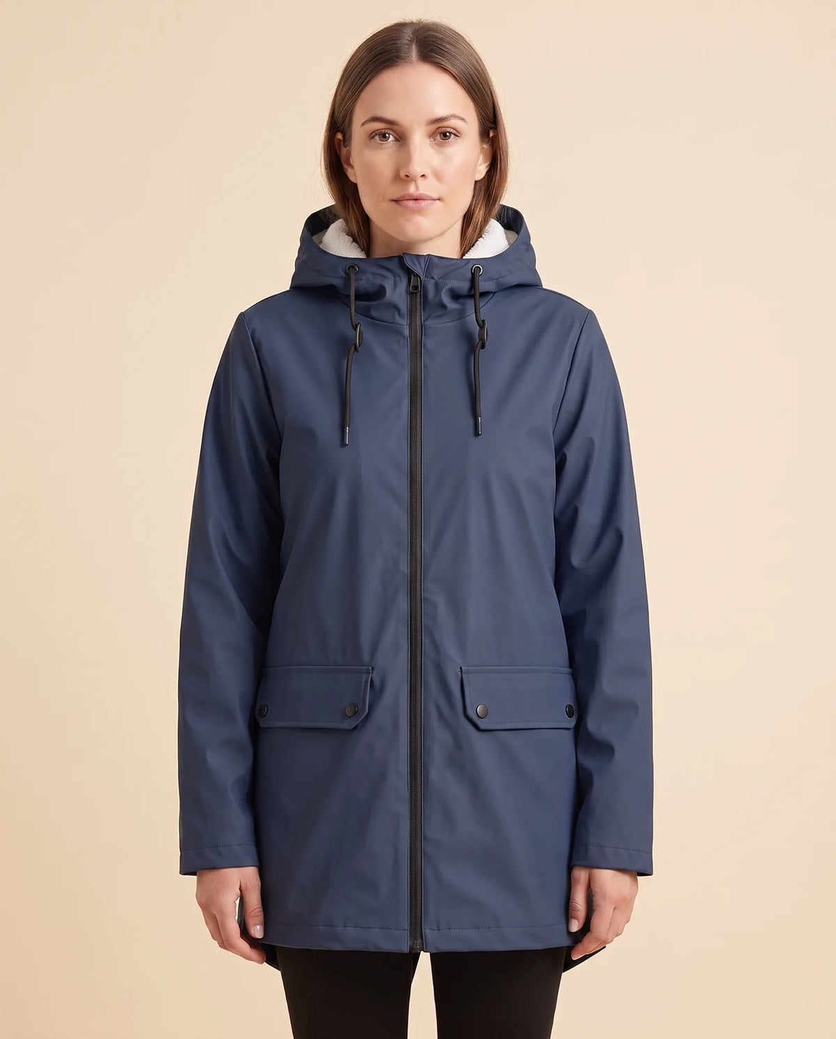 Pearl Hooded Coat for Women - Zip-Up Lined Winter Warm - Navy - front