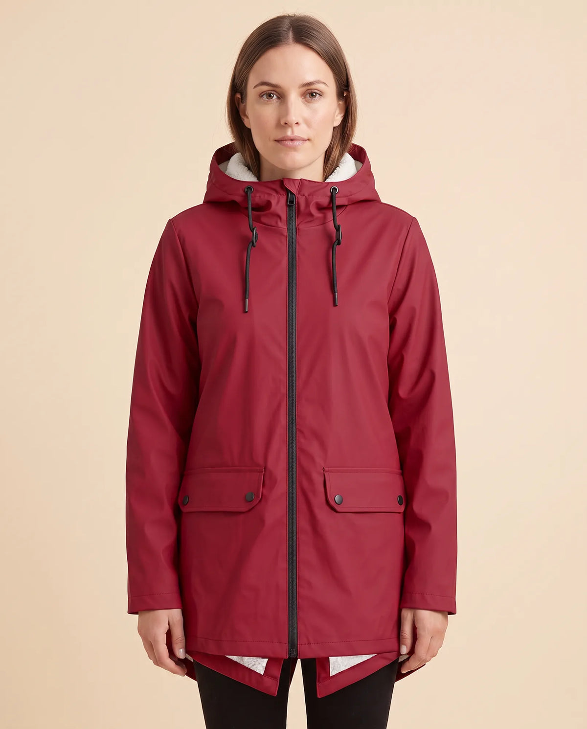 Pearl Hooded Coat for Women - Zip-Up Lined Winter Warm - Red - front
