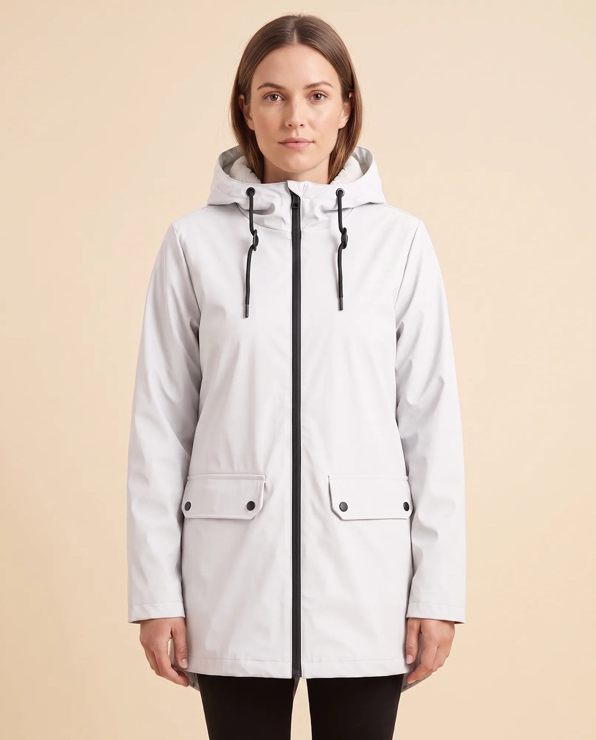 Pearl Hooded Coat for Women - Zip-Up Lined Winter Warm - White - front