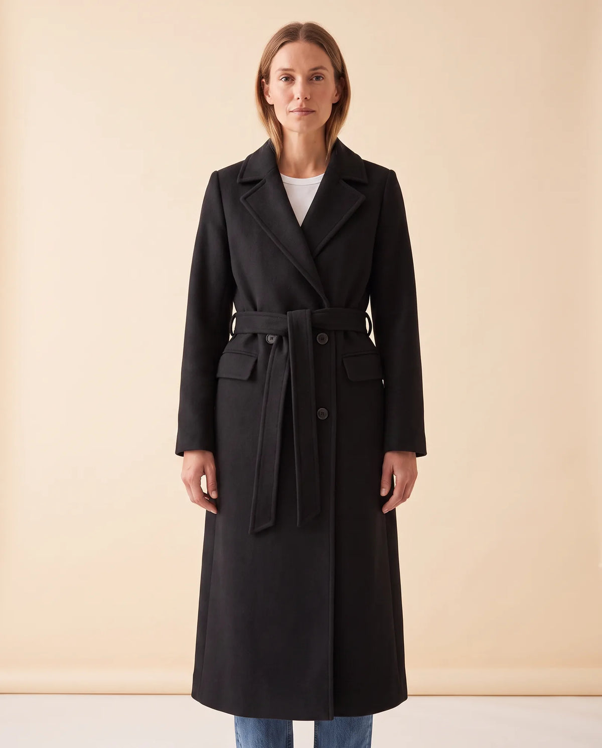 Quinn Long Coat for Women - Belted Double-Breasted Lapel - Black - front