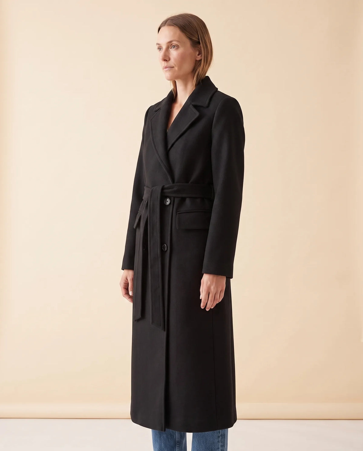 Quinn Long Coat for Women - Belted Double-Breasted Lapel - Black - side