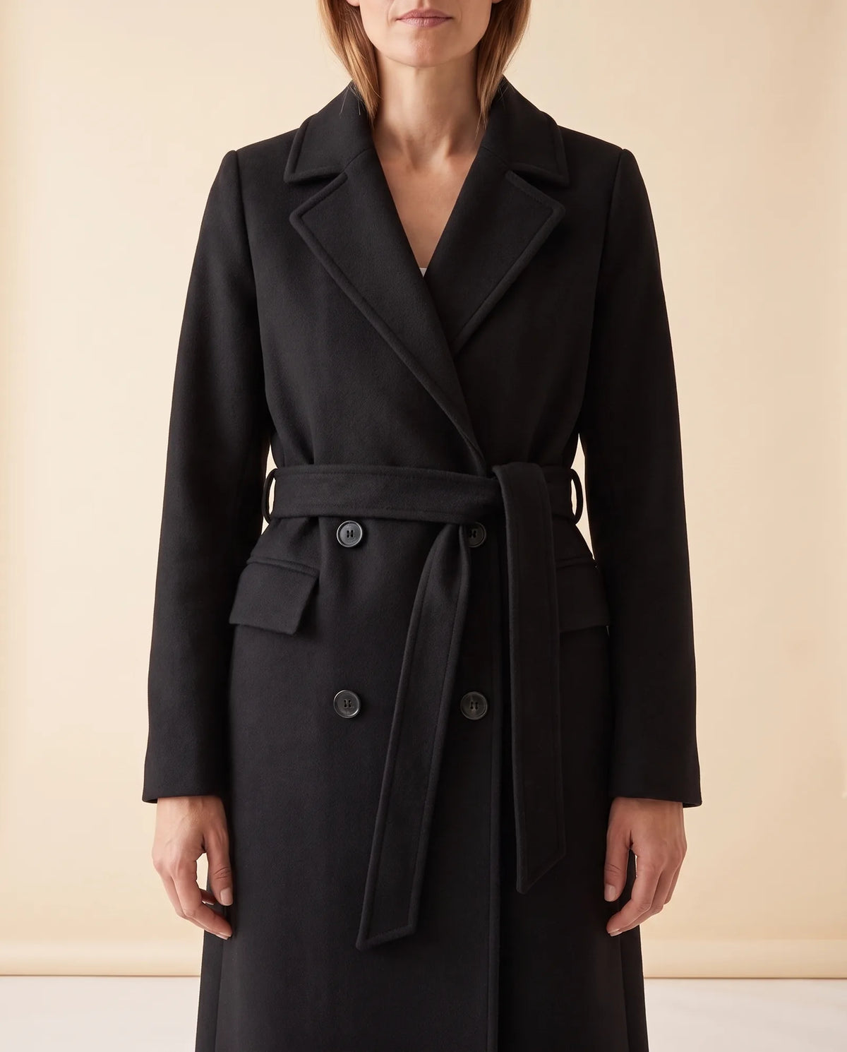 Quinn Long Coat for Women - Belted Double-Breasted Lapel - Black - detail